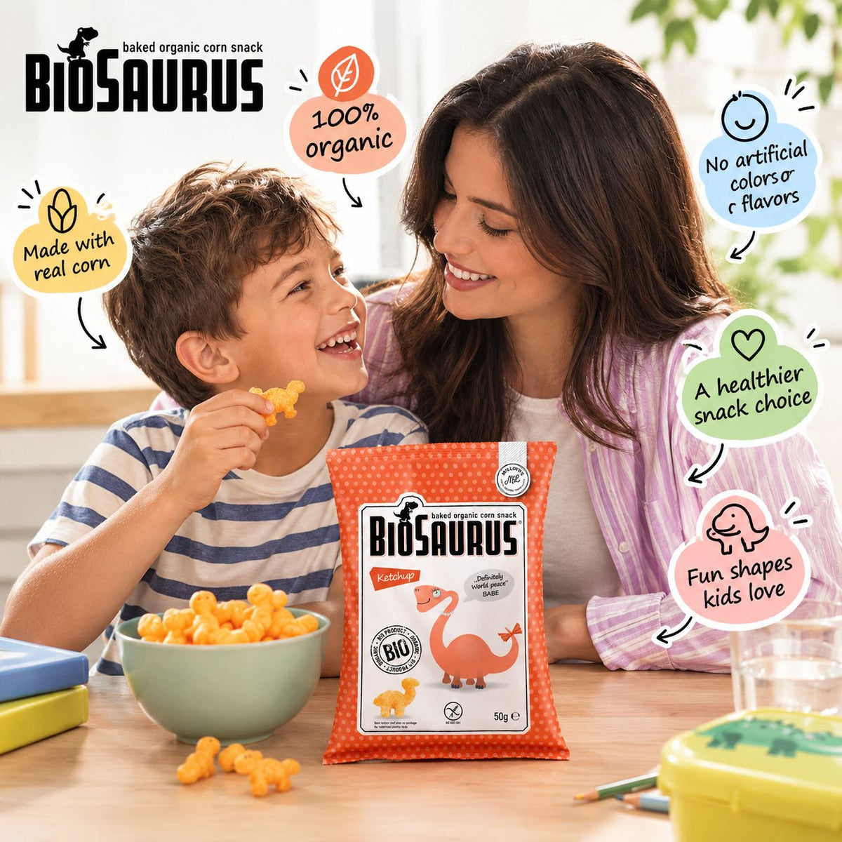 BioSaurus Organic Corn Snack – Ketchup 4x15g