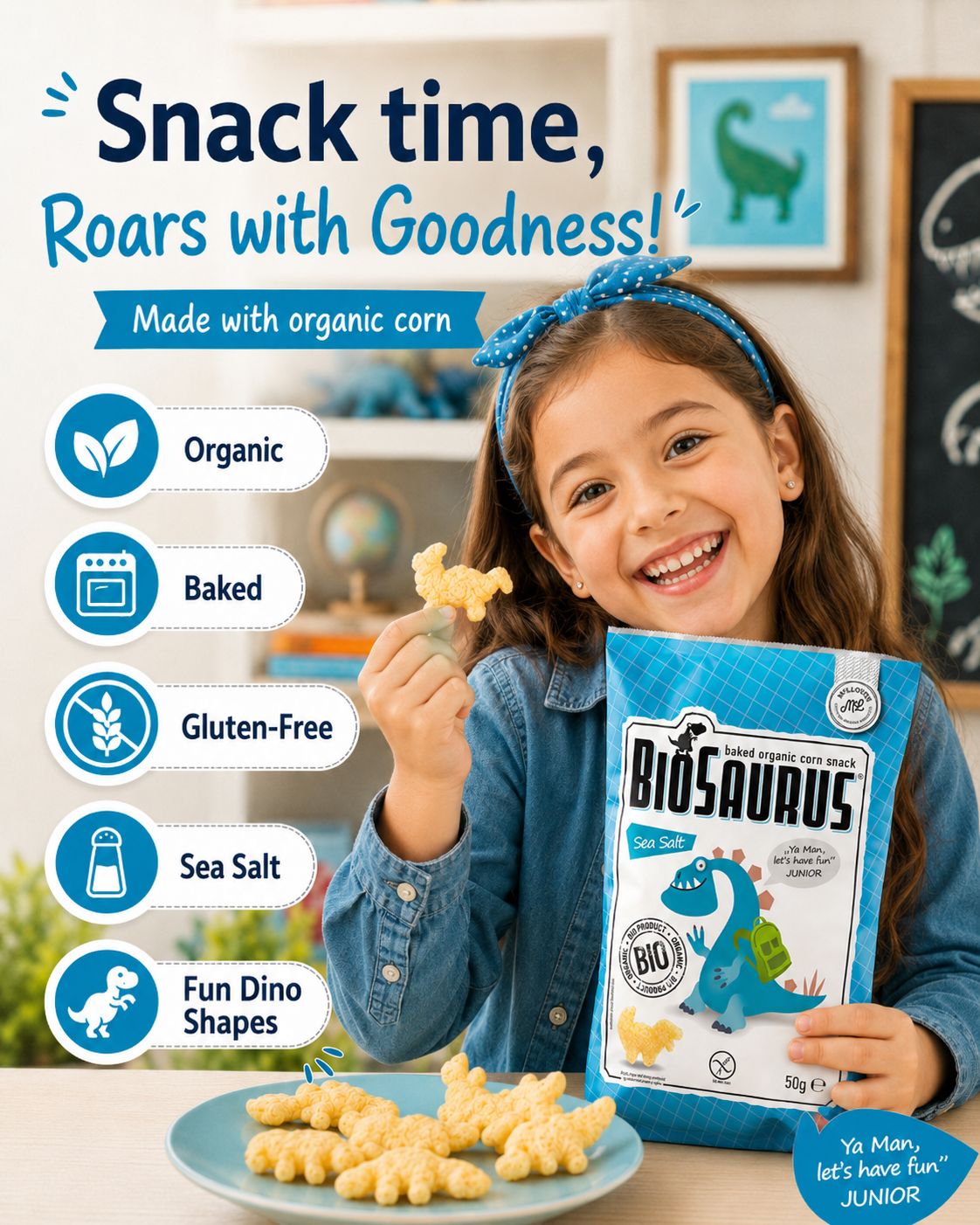 BioSaurus Organic Corn Snack – Sea Salt 4x15g